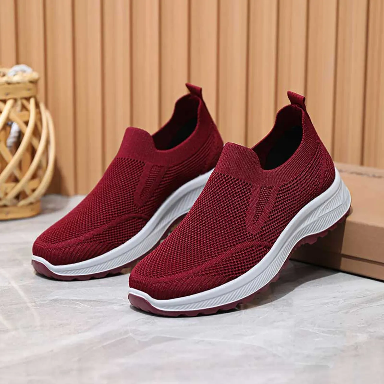 Red plain flyknit casual slip on shoe sneaker