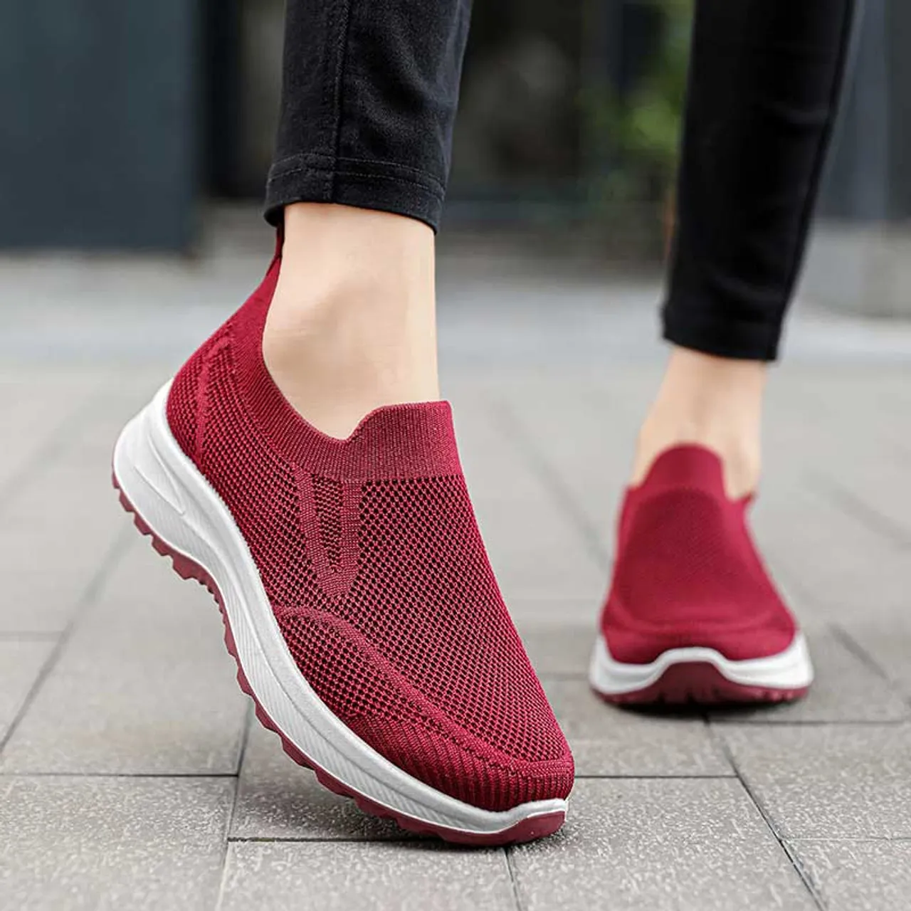 Red plain flyknit casual slip on shoe sneaker