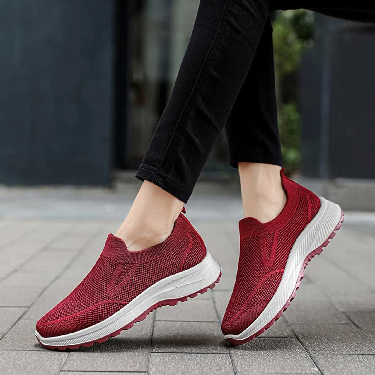 Red plain flyknit casual slip on shoe sneaker