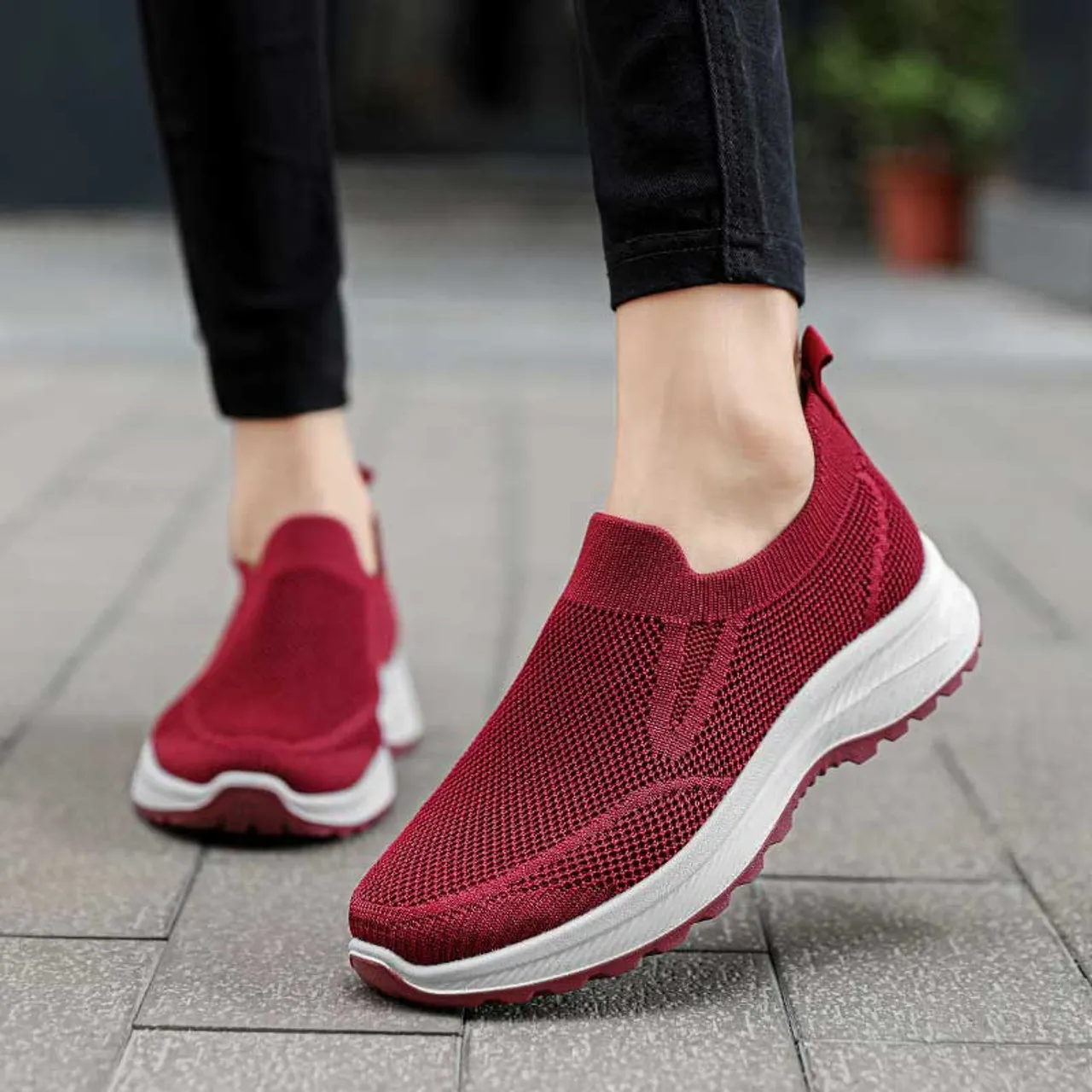 Red plain flyknit casual slip on shoe sneaker