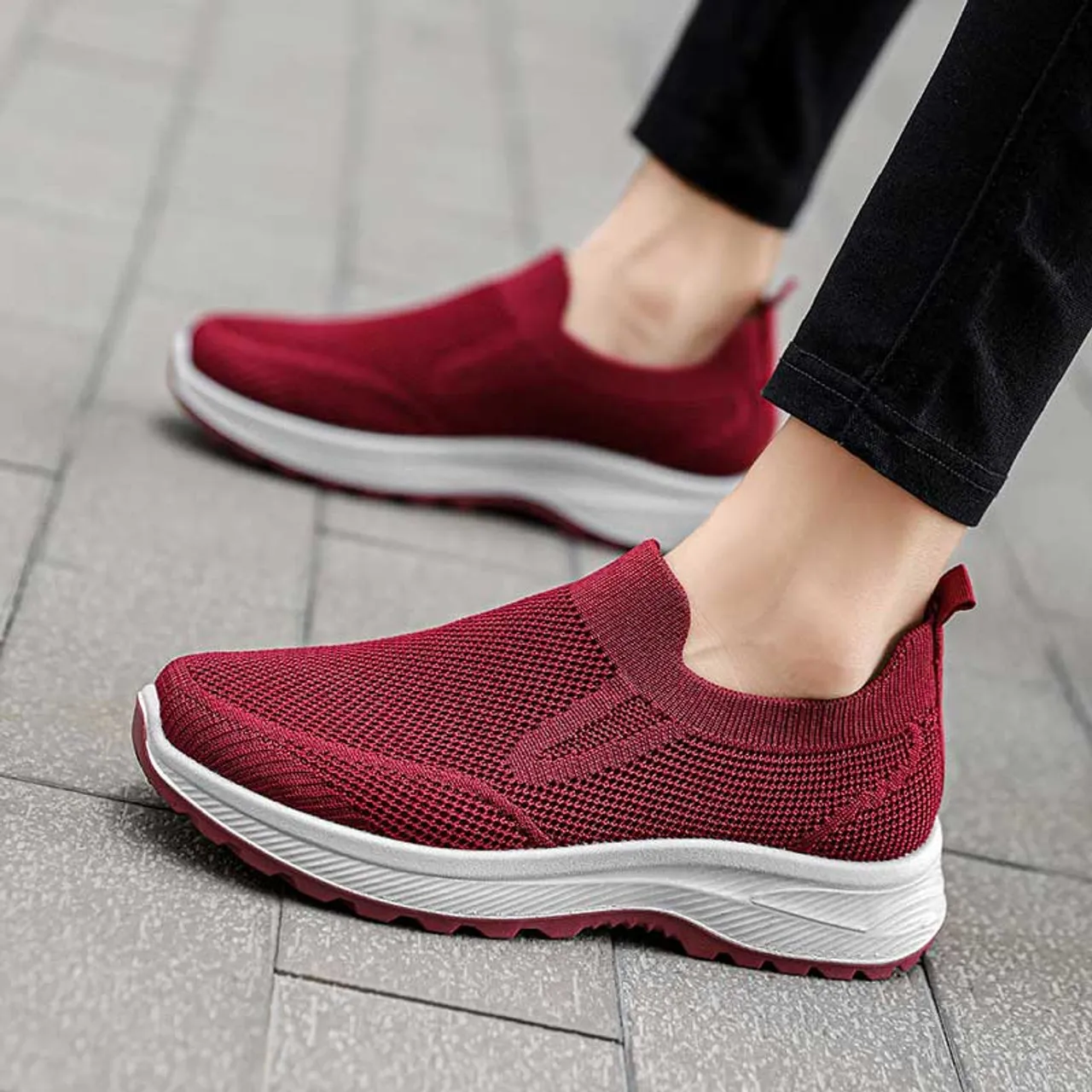 Red plain flyknit casual slip on shoe sneaker