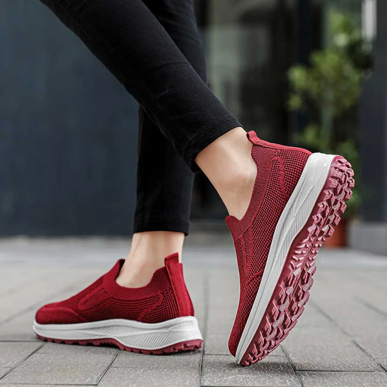 Red plain flyknit casual slip on shoe sneaker