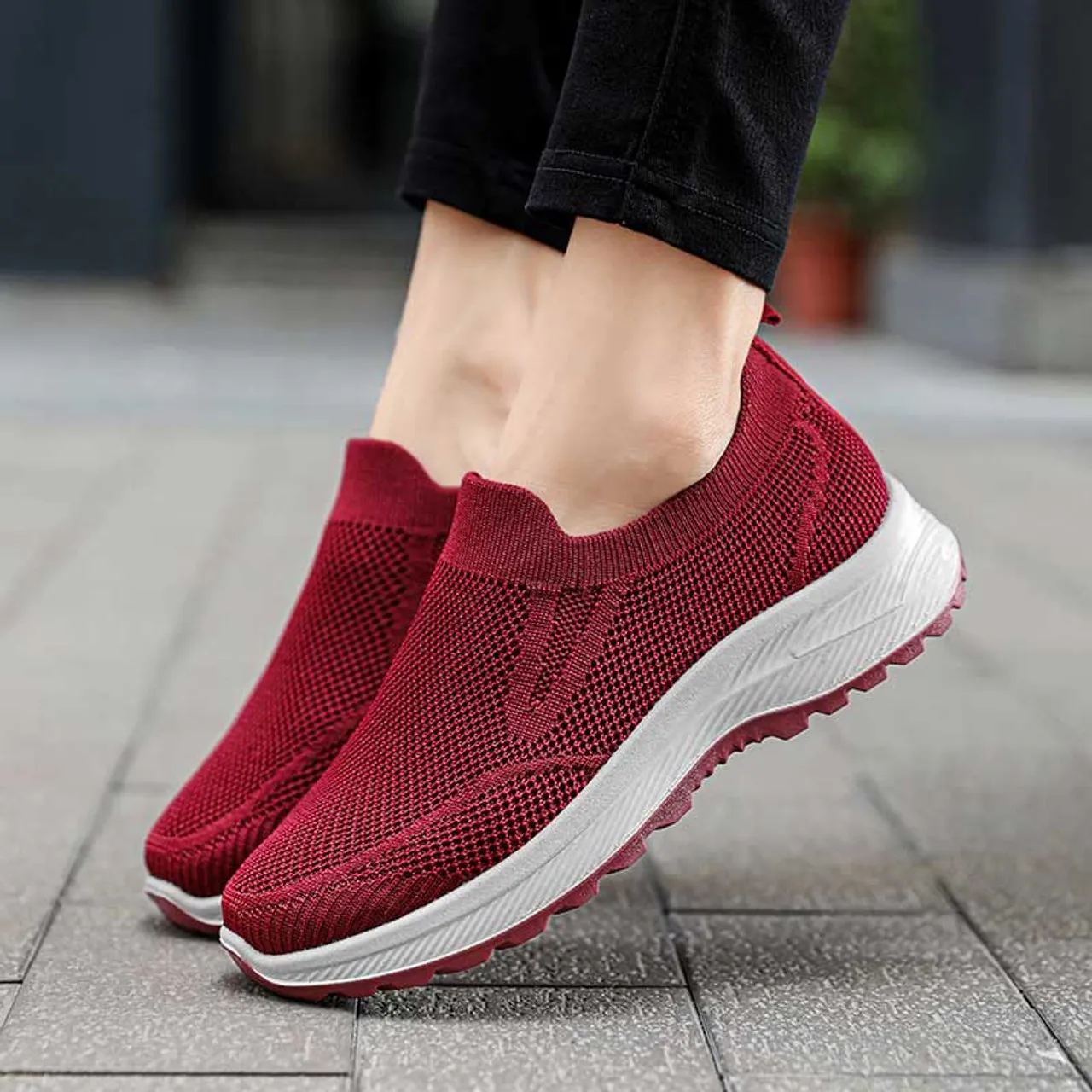 Red plain flyknit casual slip on shoe sneaker