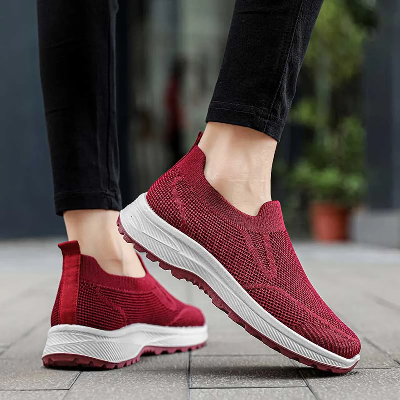 Red plain flyknit casual slip on shoe sneaker