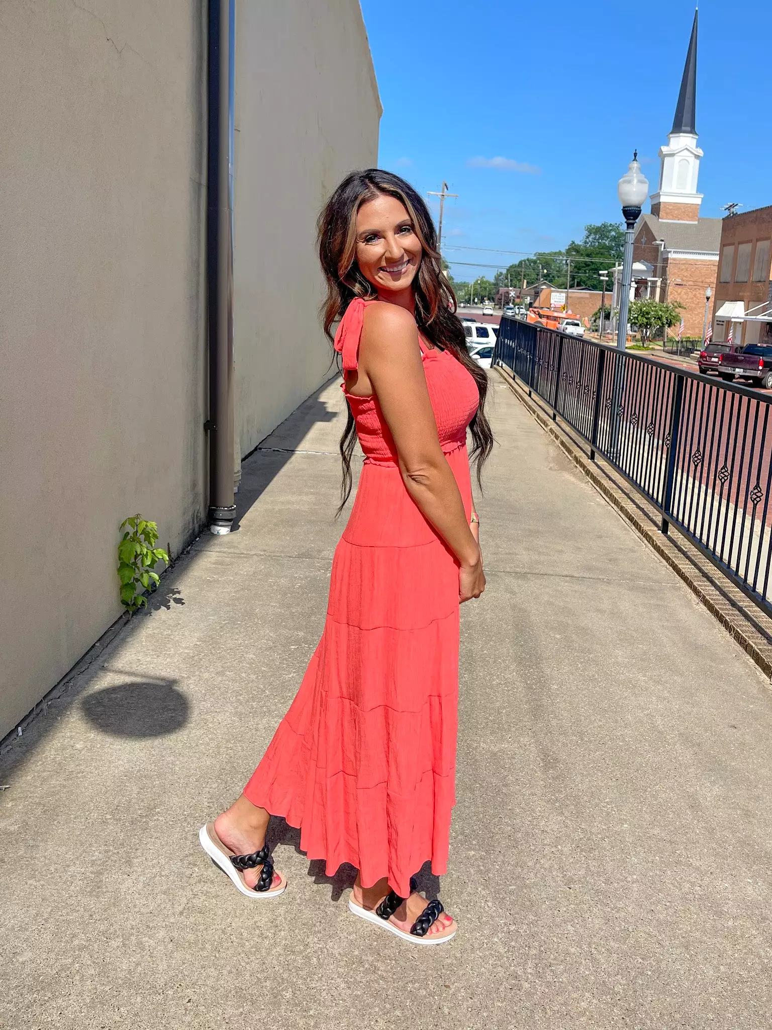 Red/Orange Smocked Midi Dress