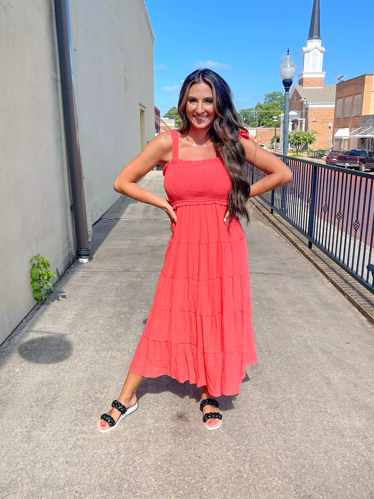 Red/Orange Smocked Midi Dress