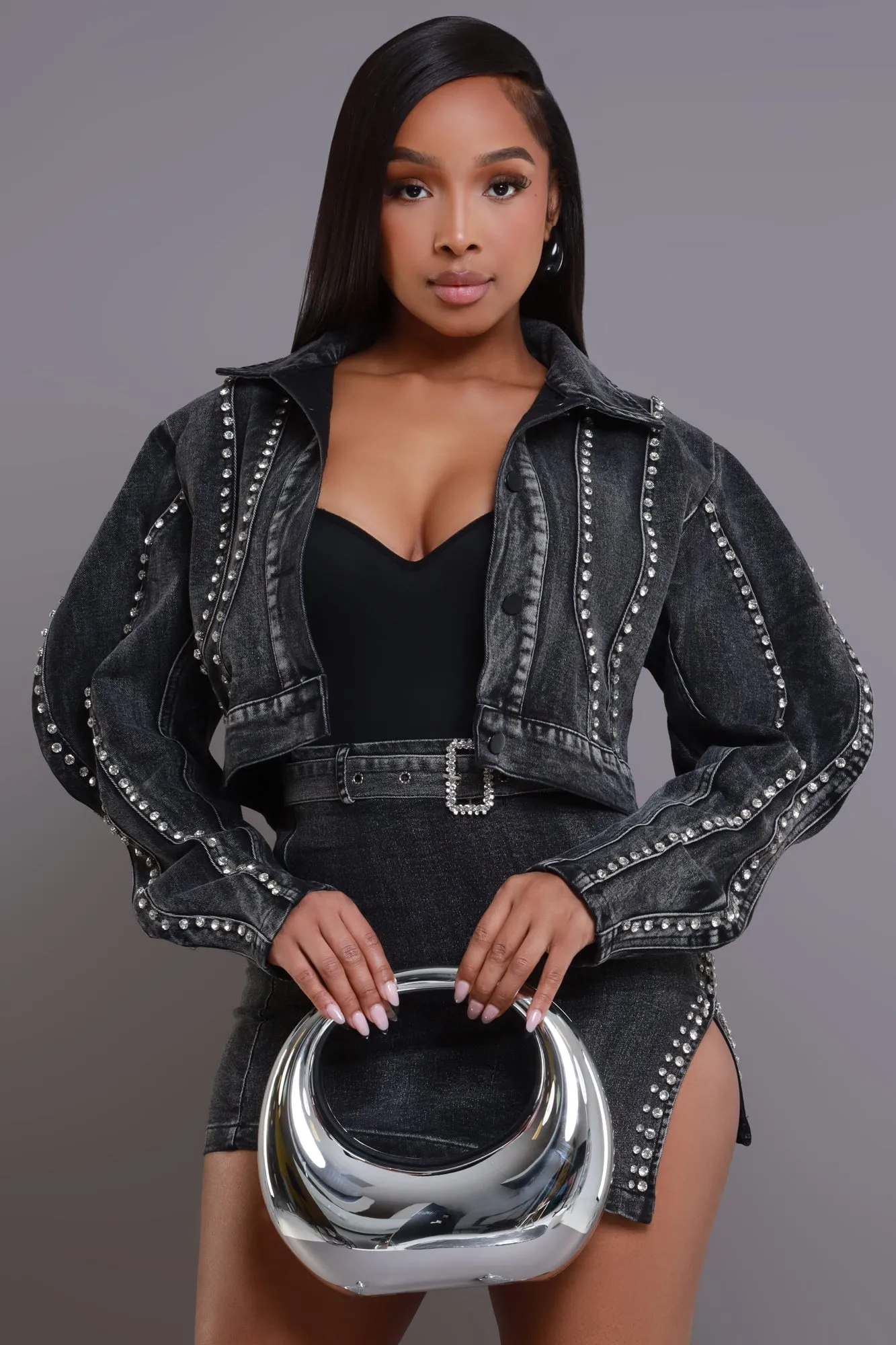 Rent's Due Rhinestone Denim Jacket - Black