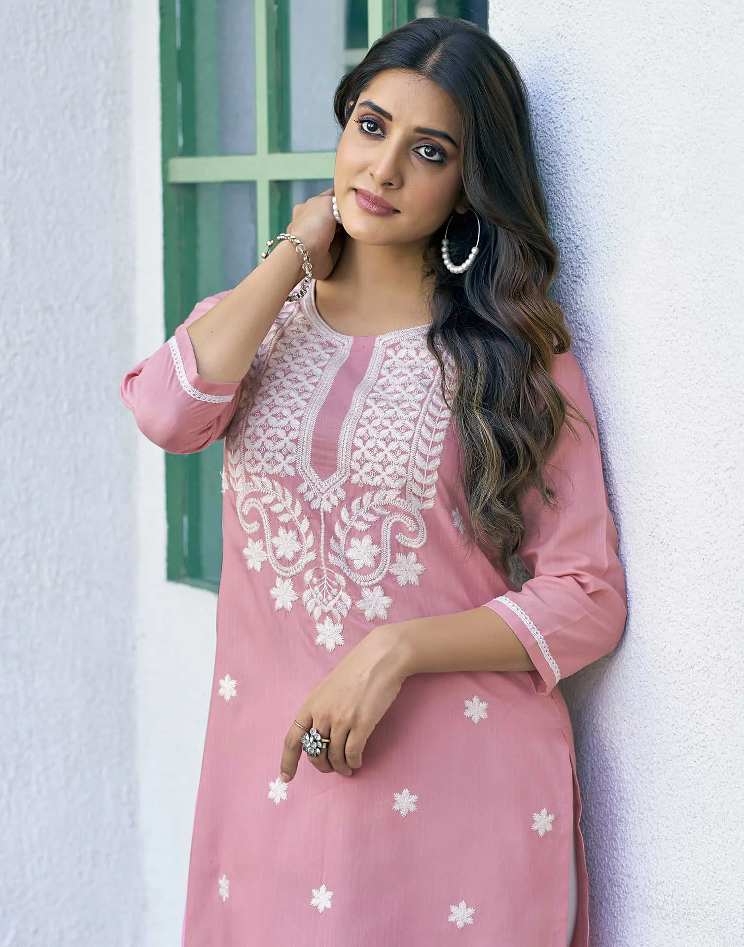 Rose Pink Chikankari Embroidery Cotton Straight Kurta