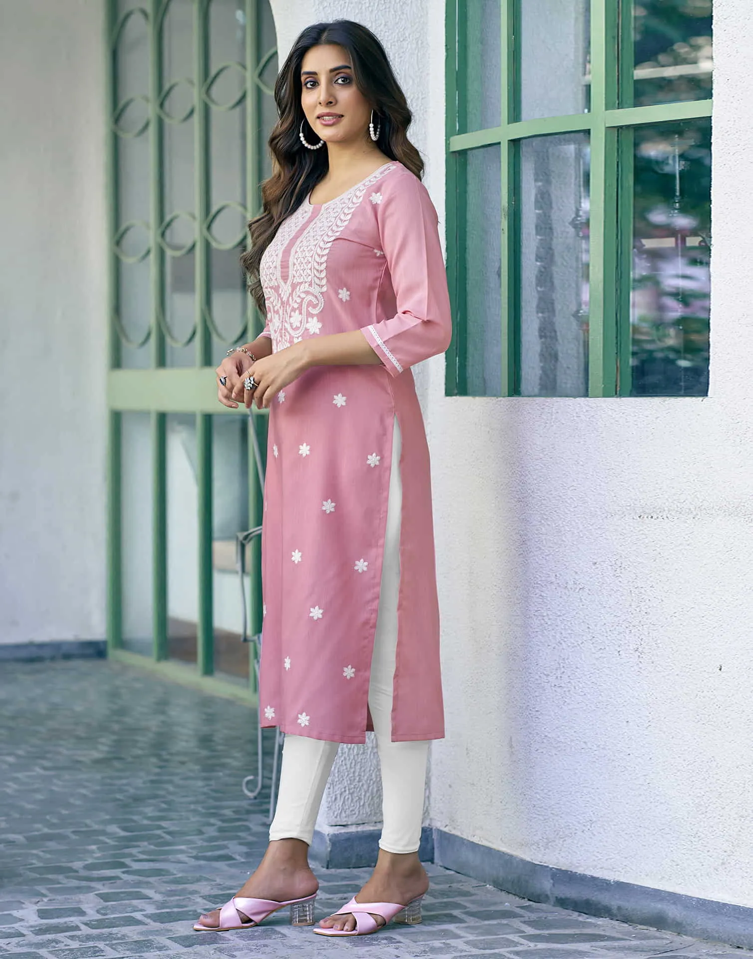 Rose Pink Chikankari Embroidery Cotton Straight Kurta