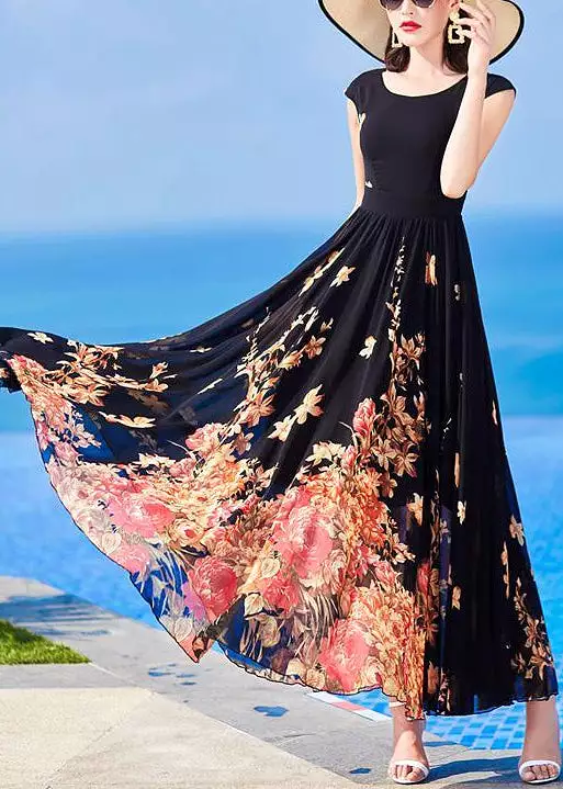 Slim Fit Black O-Neck Print Chiffon Long Dresses Summer AS1059