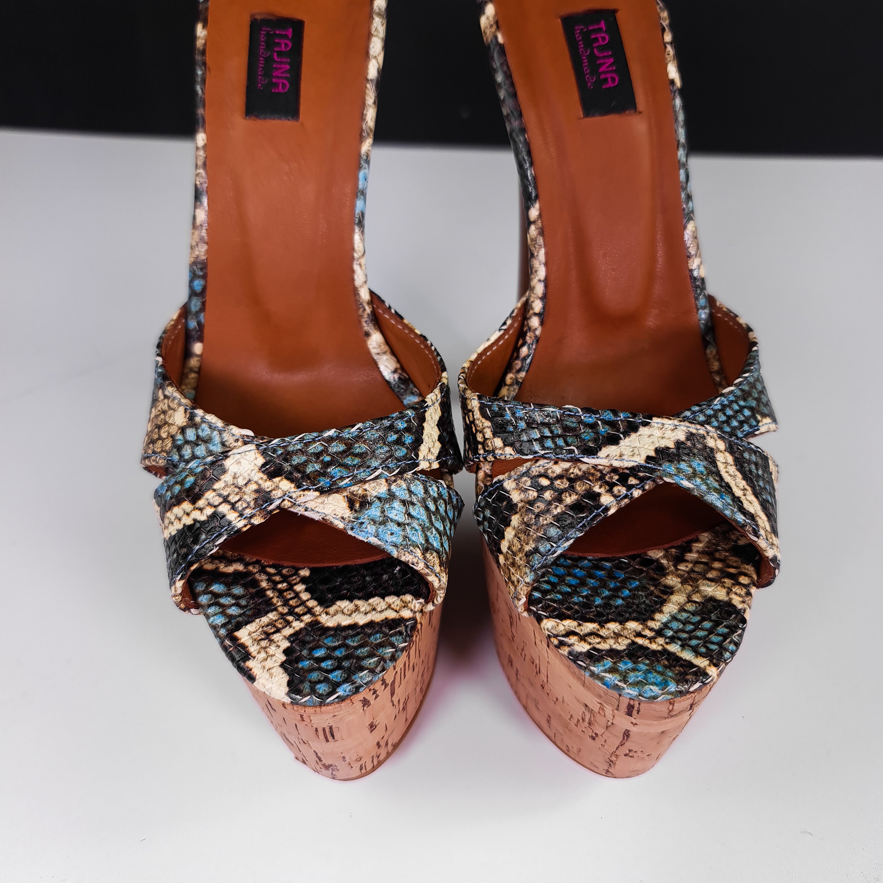 Snake Cork Detail High Heel Leather Mules