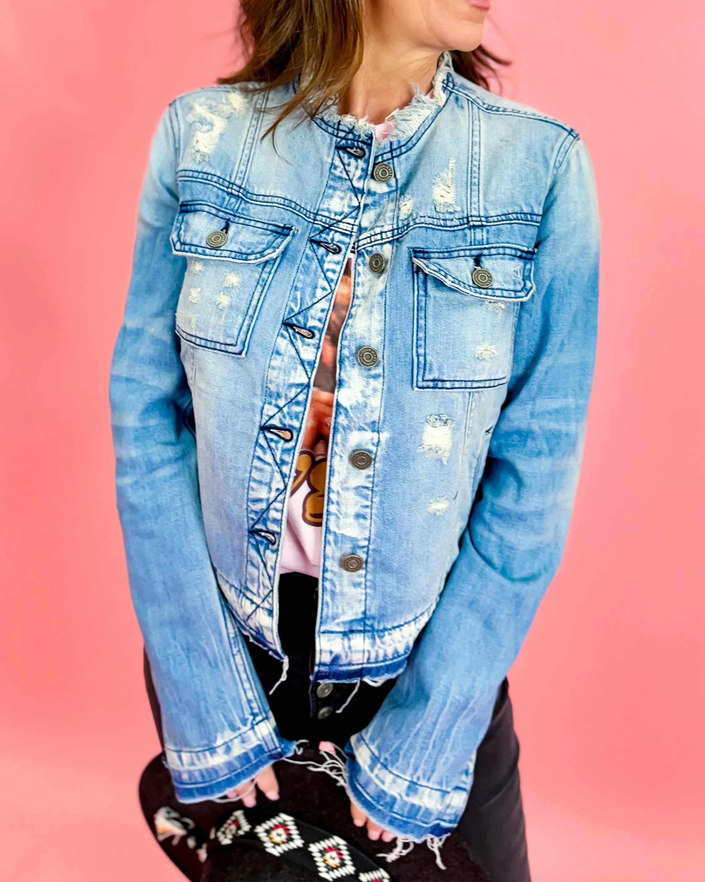 Super Light Collarless Denim Jacket