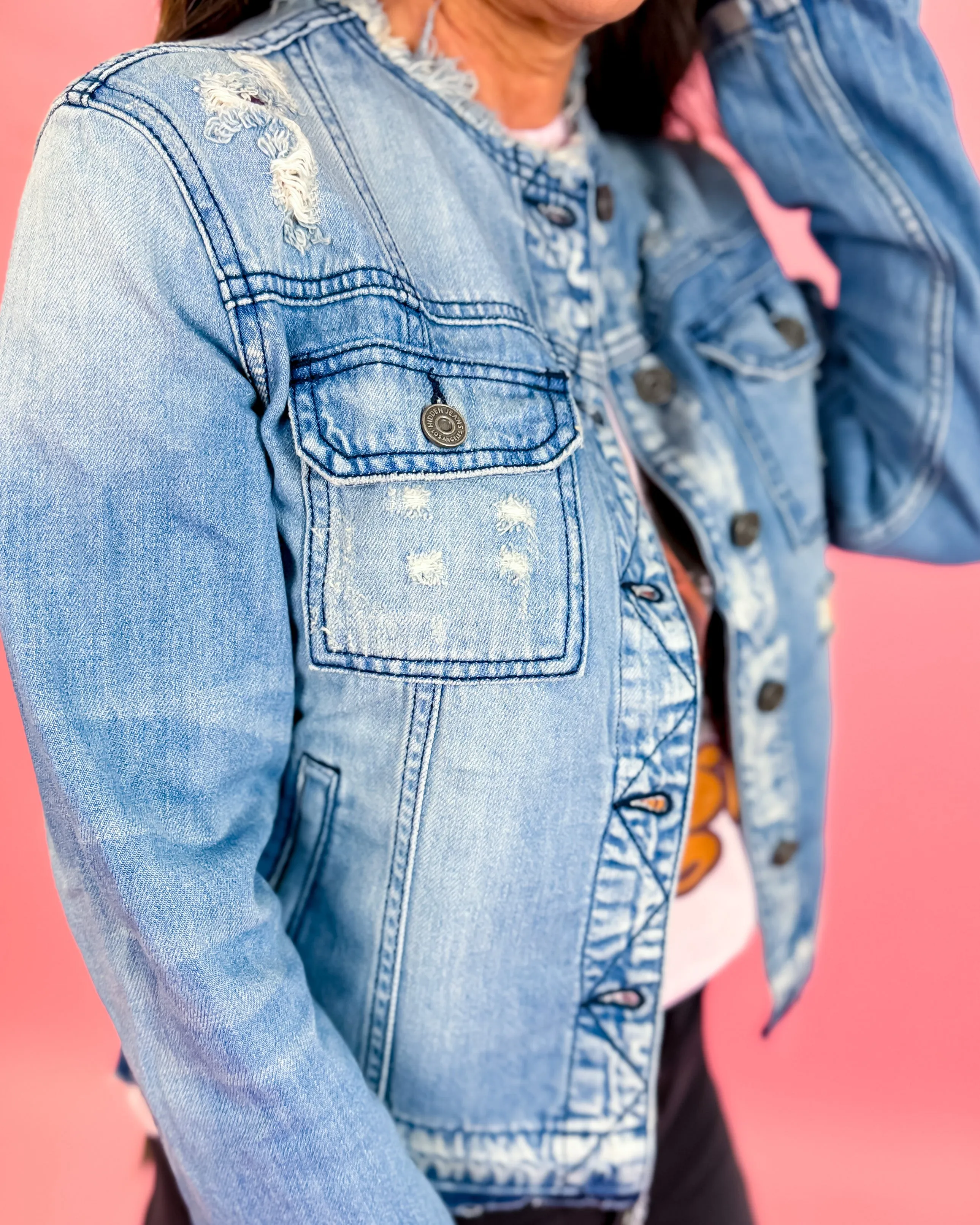 Super Light Collarless Denim Jacket