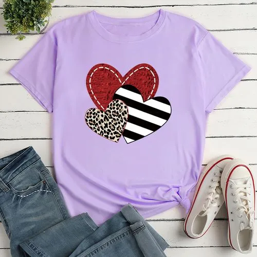 Unisex T-shirt Short Sleeve T-shirts Printing Fashion Stripe Heart Shape Leopard