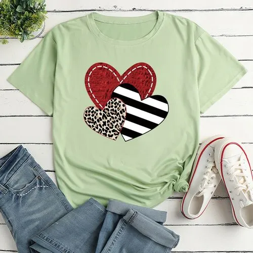 Unisex T-shirt Short Sleeve T-shirts Printing Fashion Stripe Heart Shape Leopard