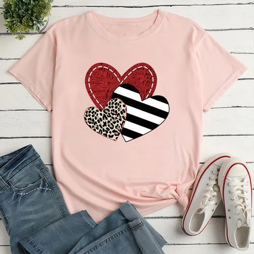 Unisex T-shirt Short Sleeve T-shirts Printing Fashion Stripe Heart Shape Leopard