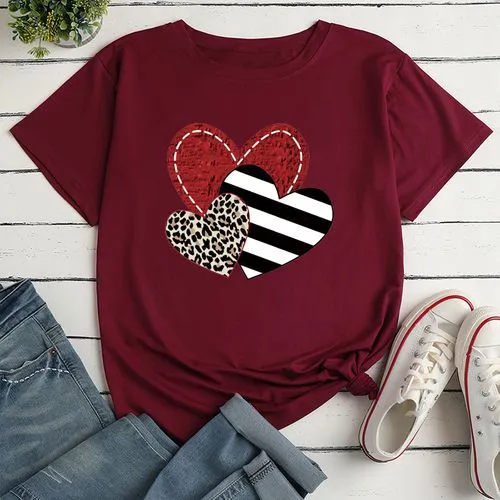 Unisex T-shirt Short Sleeve T-shirts Printing Fashion Stripe Heart Shape Leopard