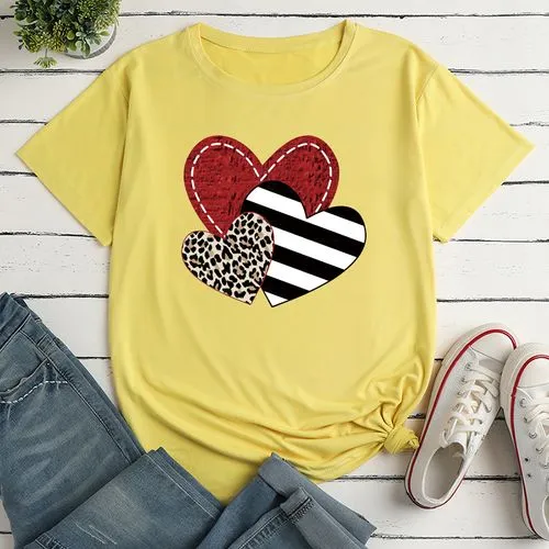 Unisex T-shirt Short Sleeve T-shirts Printing Fashion Stripe Heart Shape Leopard