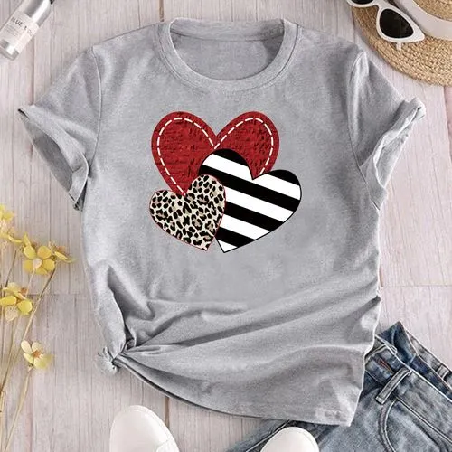 Unisex T-shirt Short Sleeve T-shirts Printing Fashion Stripe Heart Shape Leopard