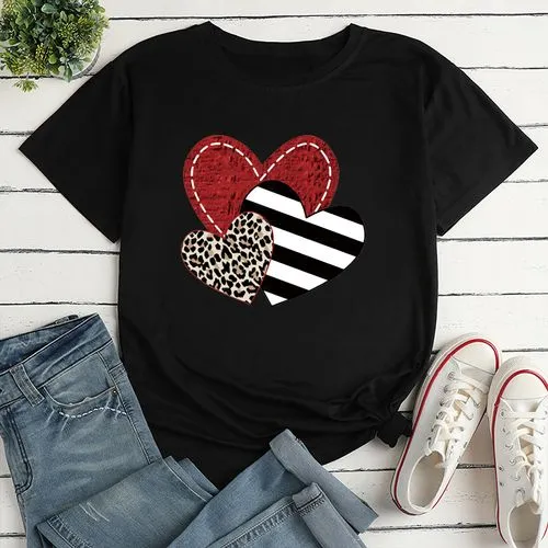 Unisex T-shirt Short Sleeve T-shirts Printing Fashion Stripe Heart Shape Leopard