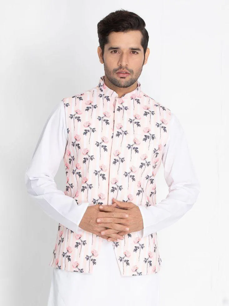 VASTRAMAY Men's Pink Cotton Blend Floral Ethnic Jacket