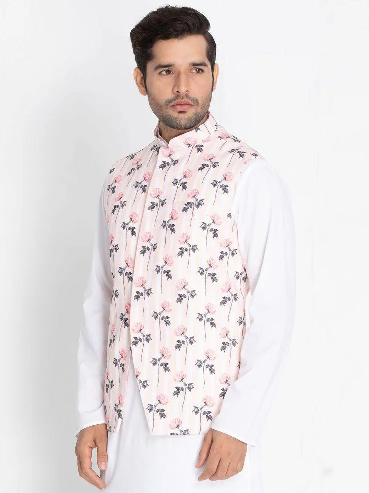 VASTRAMAY Men's Pink Cotton Blend Floral Ethnic Jacket