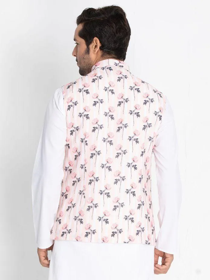 VASTRAMAY Men's Pink Cotton Blend Floral Ethnic Jacket