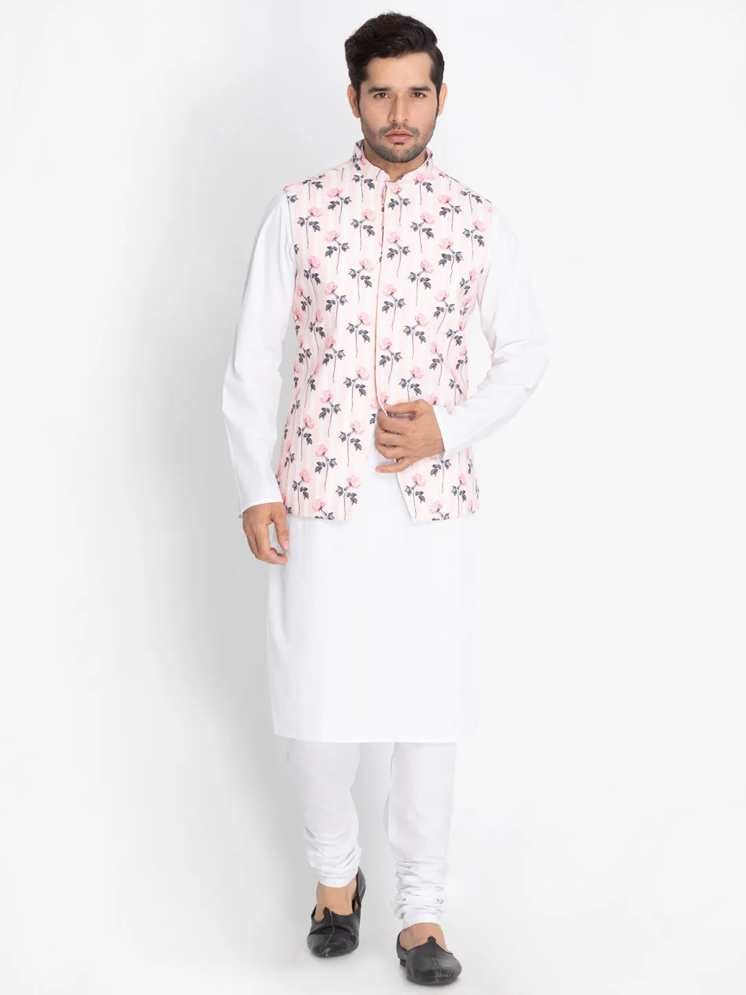 VASTRAMAY Men's Pink Cotton Blend Floral Ethnic Jacket