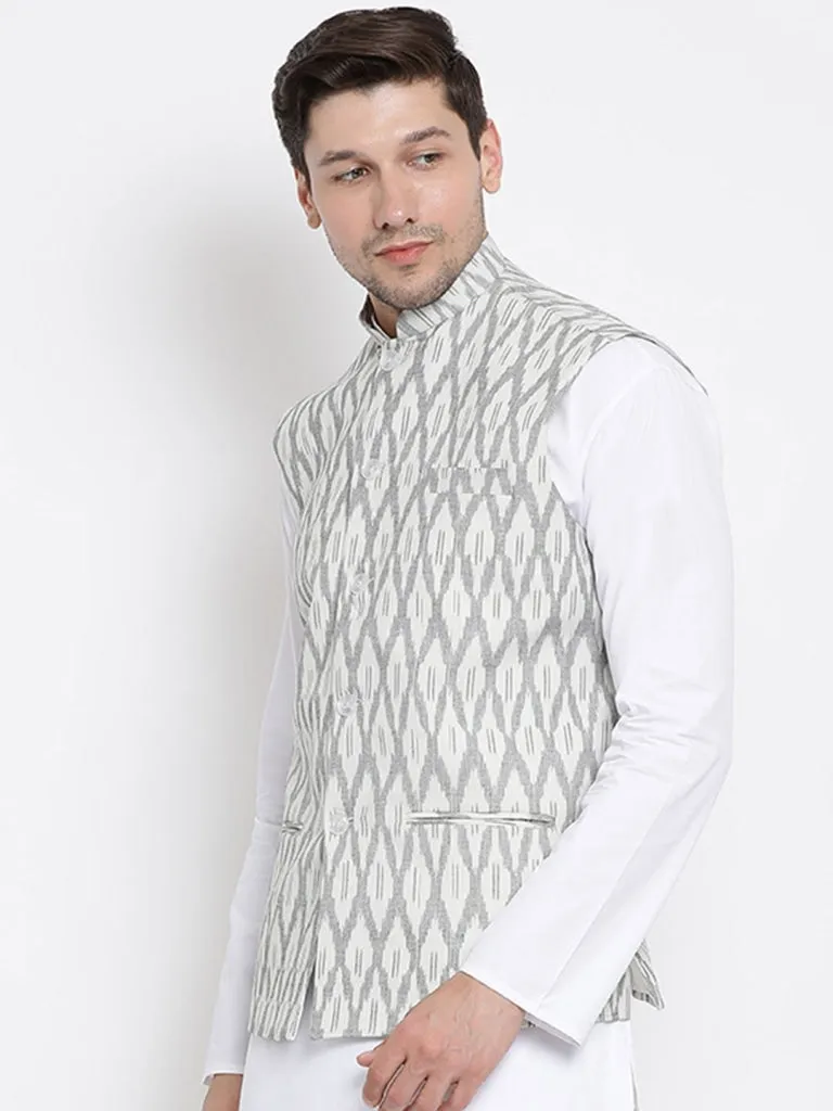 VASTRAMAY Men's White and Grey Cotton Ethnic Jacket