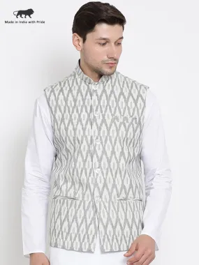 VASTRAMAY Men's White and Grey Cotton Ethnic Jacket