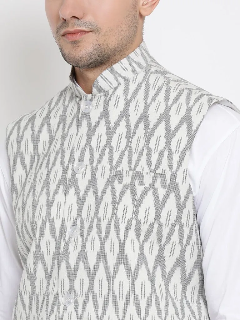 VASTRAMAY Men's White and Grey Cotton Ethnic Jacket