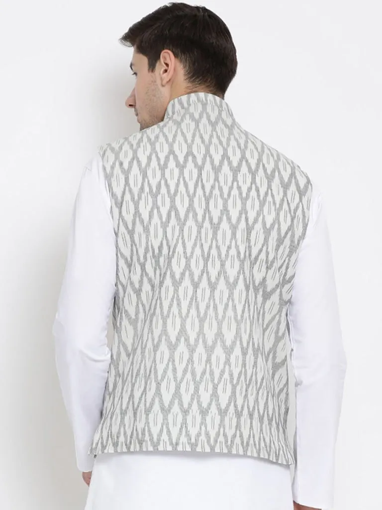 VASTRAMAY Men's White and Grey Cotton Ethnic Jacket