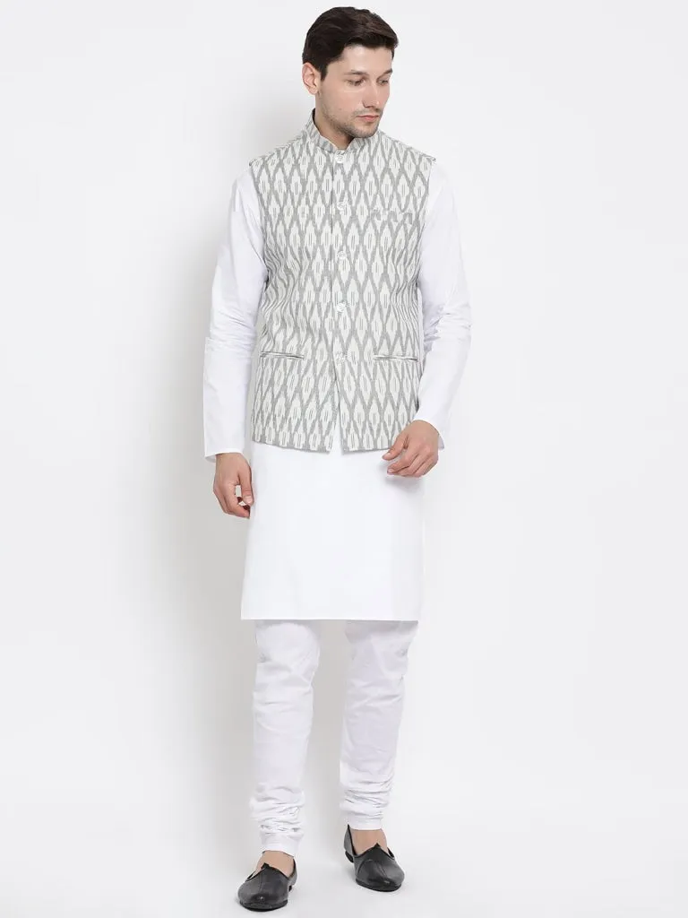 VASTRAMAY Men's White and Grey Cotton Ethnic Jacket