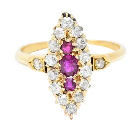 Victorian Ruby Diamond 18 Karat Yellow Gold Navette Antique Cluster Ring