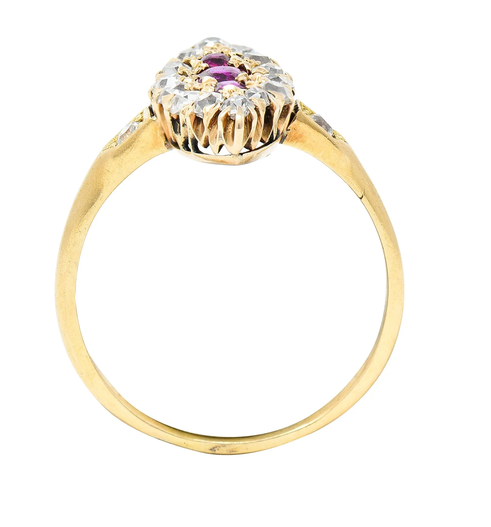 Victorian Ruby Diamond 18 Karat Yellow Gold Navette Antique Cluster Ring