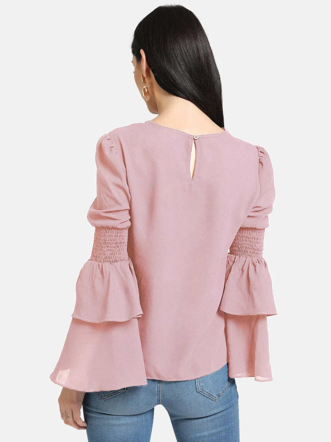 V- Neck Smocking Blouse With Bell Sleeve