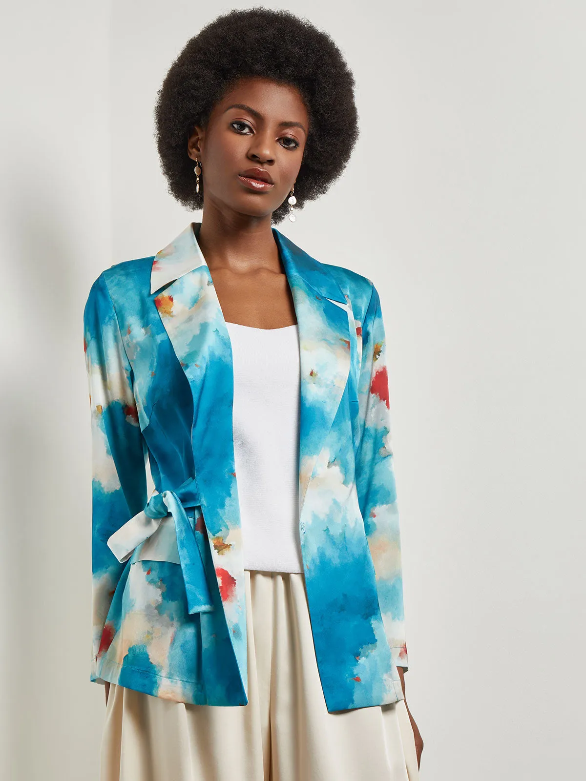 Watercolor Side Tie Crepe Tailored Jacket