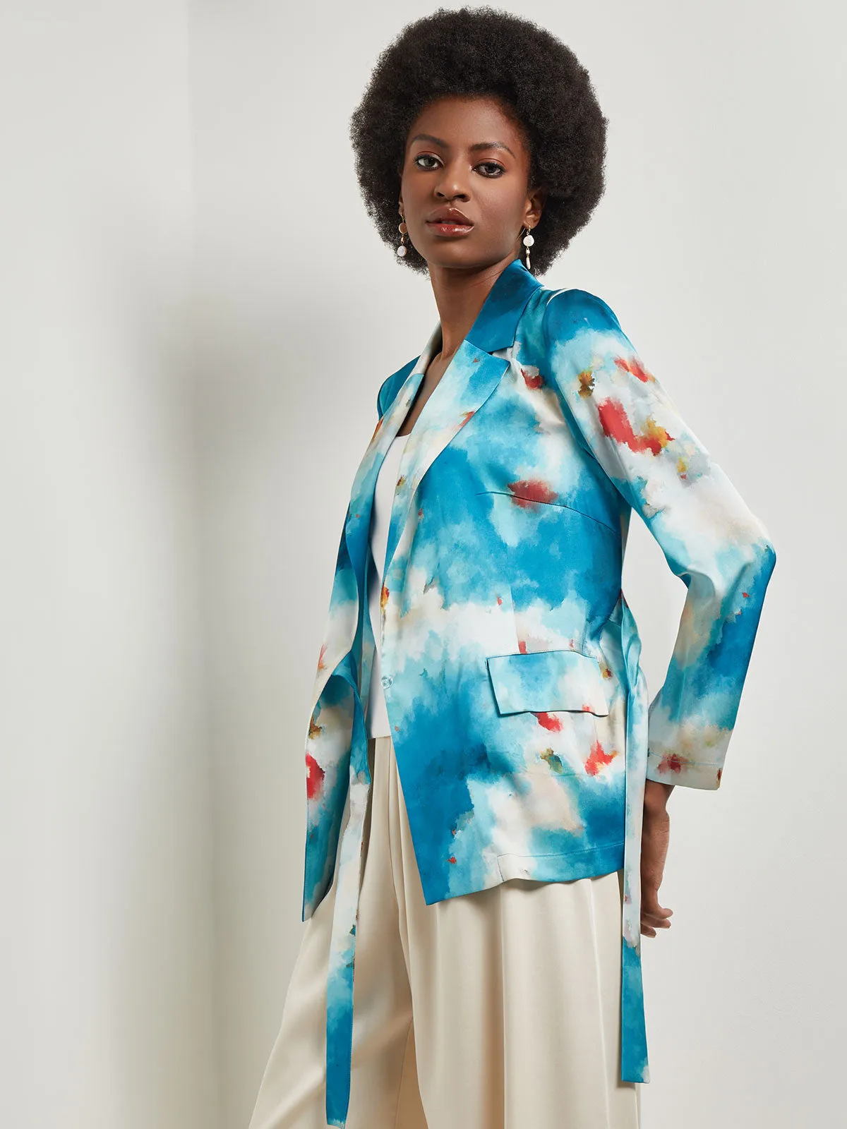 Watercolor Side Tie Crepe Tailored Jacket