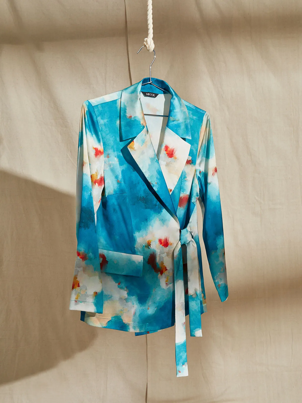 Watercolor Side Tie Crepe Tailored Jacket