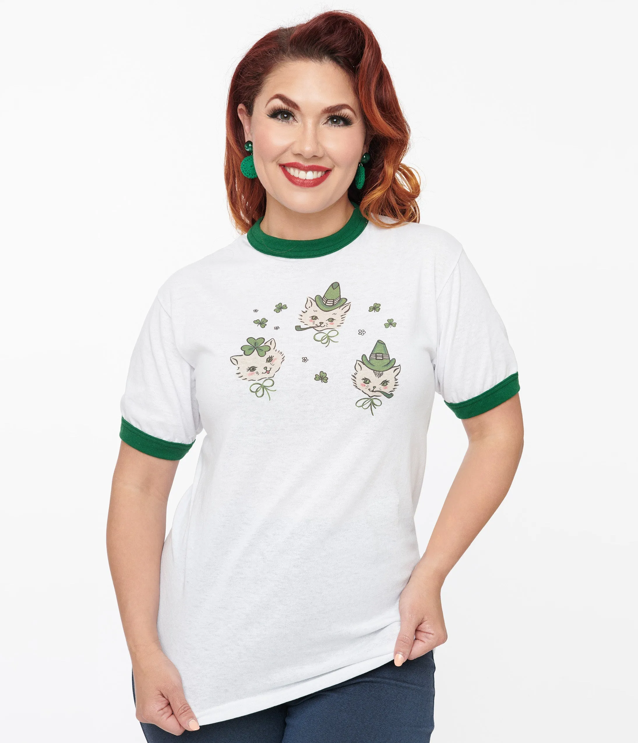 White & Green Saint Paddy Cats Fitted Graphic Tee