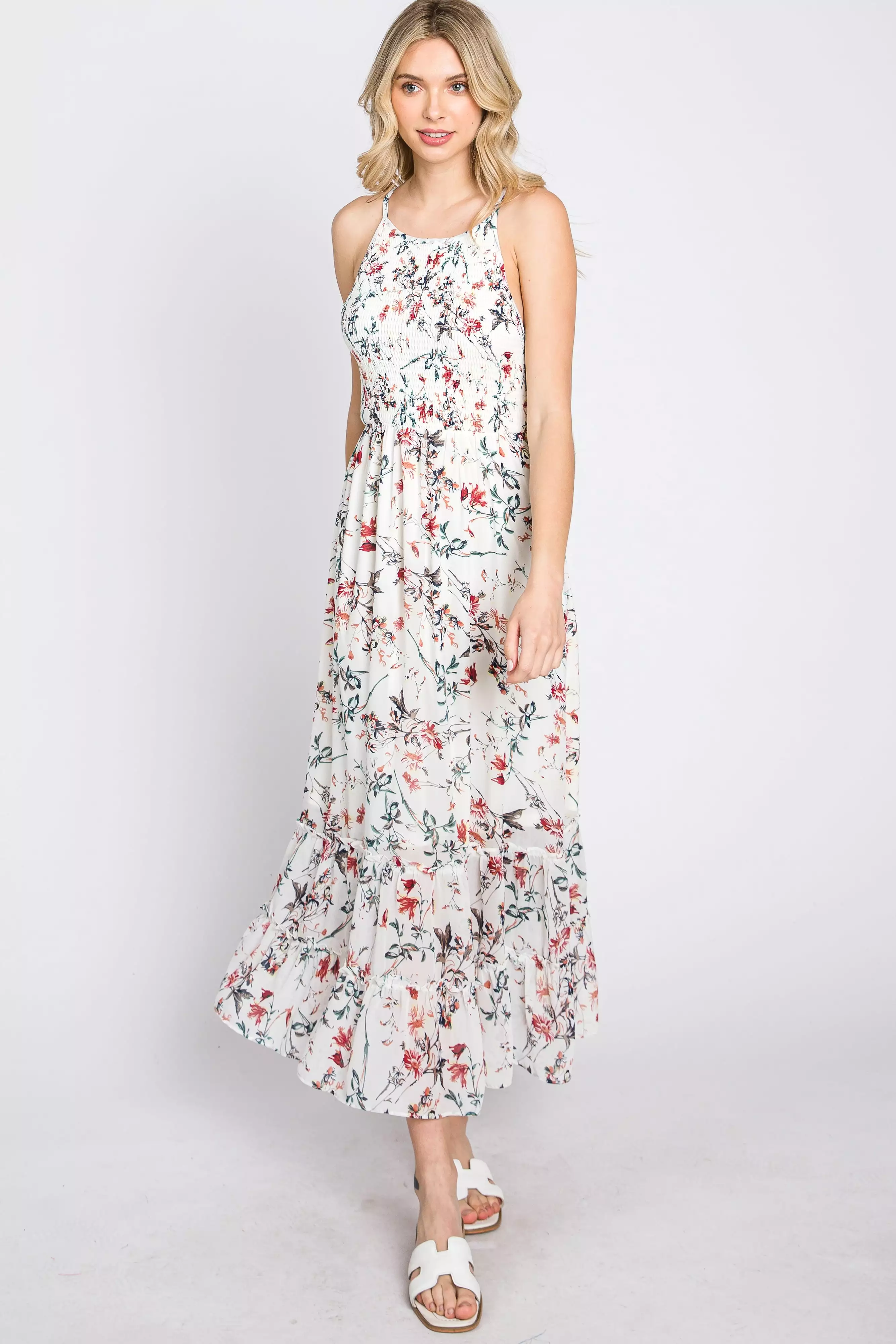 White Floral Chiffon Smocked Midi Dress