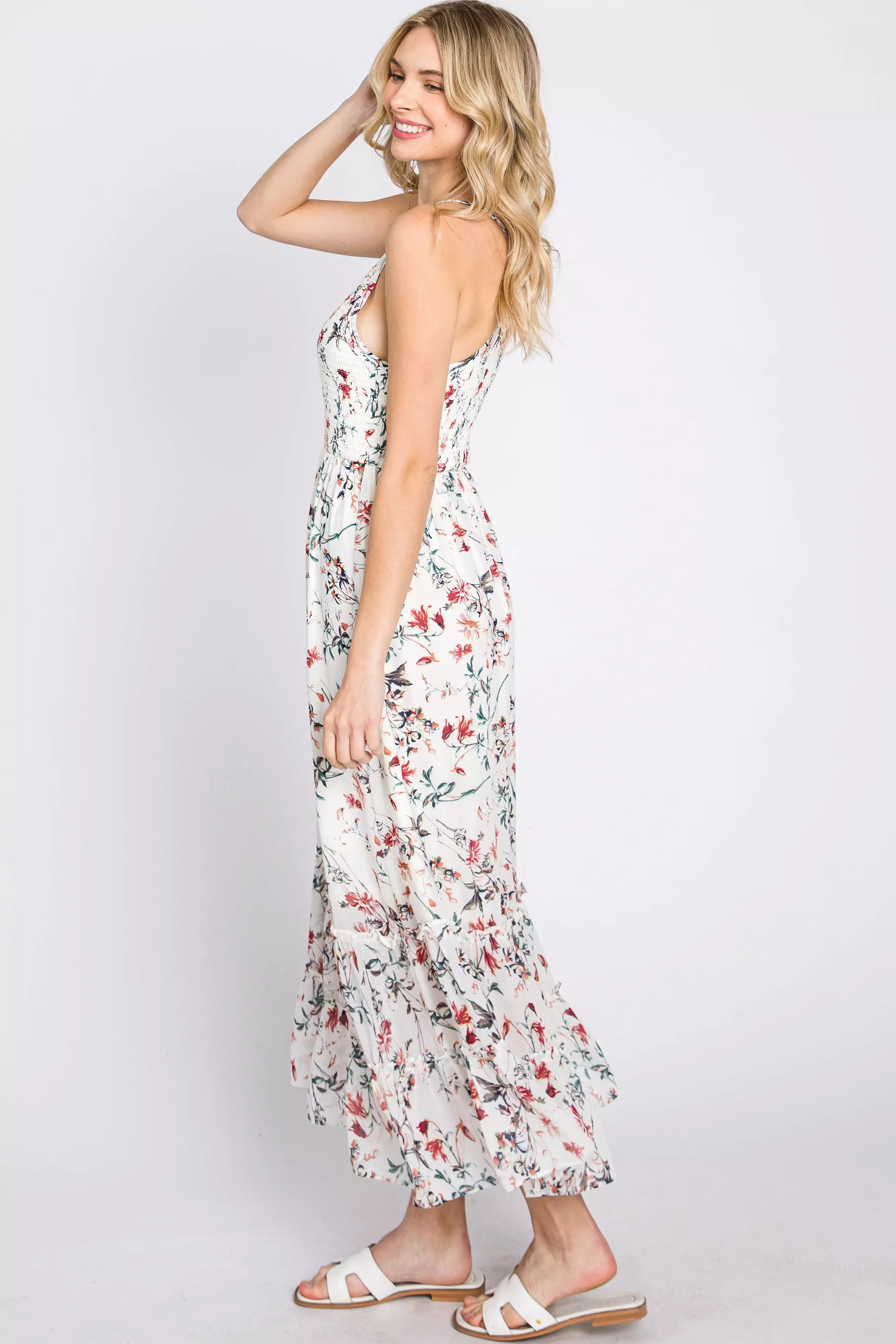 White Floral Chiffon Smocked Midi Dress