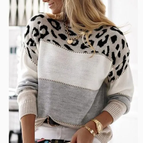 Women's Sweater Long Sleeve Sweaters & Cardigans Contrast Binding Fashion Leopard