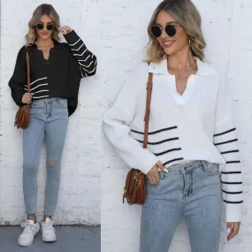 Women's Sweater Long Sleeve Sweaters & Cardigans Contrast Binding Streetwear Stripe