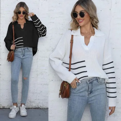 Women's Sweater Long Sleeve Sweaters & Cardigans Contrast Binding Streetwear Stripe