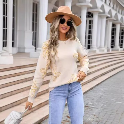 Women's Sweater Long Sleeve Sweaters & Cardigans Jacquard Contrast Binding Casual Streetwear Flower