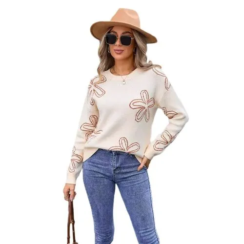 Women's Sweater Long Sleeve Sweaters & Cardigans Jacquard Contrast Binding Casual Streetwear Flower