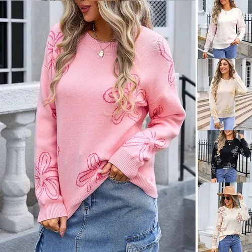 Women's Sweater Long Sleeve Sweaters & Cardigans Jacquard Contrast Binding Casual Streetwear Flower