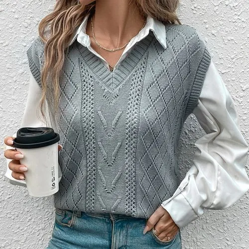 Women's Sweater Vest Sleeveless Sweaters & Cardigans Elegant Streetwear Solid Color Argyle