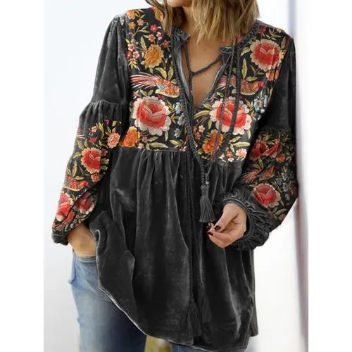 Women's T-shirt Long Sleeve T-shirts Printing Pleated Simple Style Flower